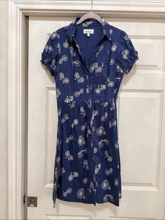 Anthropologie Dresses & Skirts - Anthropologie porridge Navy Bicycle-Print Button Dress, fully lined 💯 cotton S6